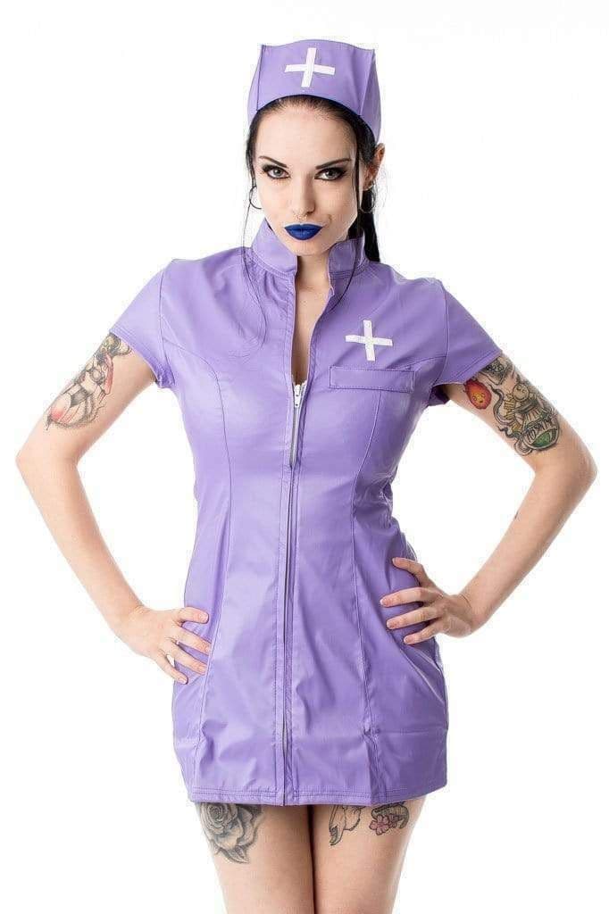 Phaze Naughty Nurse Purple PVC Outfit Fancy Dress